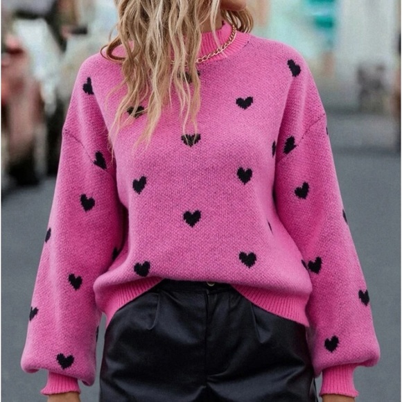 New pink heart print mock neck sweater - Picture 6 of 6